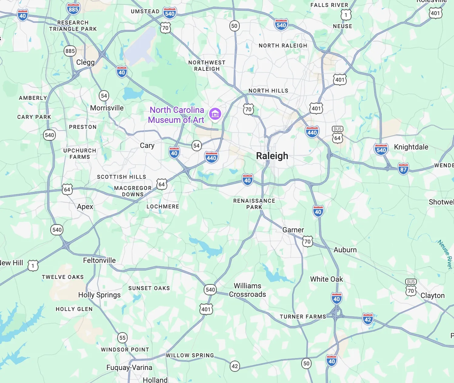 Map of the Raleigh, NC service area covering Raleigh, Cary, Apex, Holly Springs, Fuquay-Varina, Garner, and surrounding communities